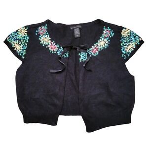 NYC L Bolero Shrug Black Sequin Floral Embroidered Crop Cardigan Y2K Whimsigoth